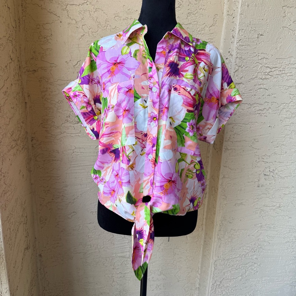 Boston Proper Cabo Fleurs Print Shirt Sz M Multicolor Versatile Short Sleeve - Picture 2 of 12